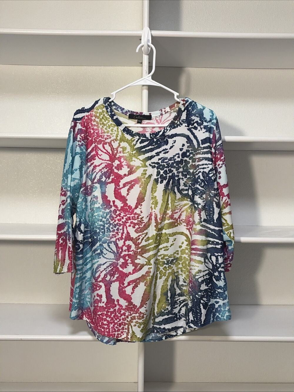 Calessa Top Women’s Petite XL Multicolor Tunic Mesh Stretch Artsy Textured